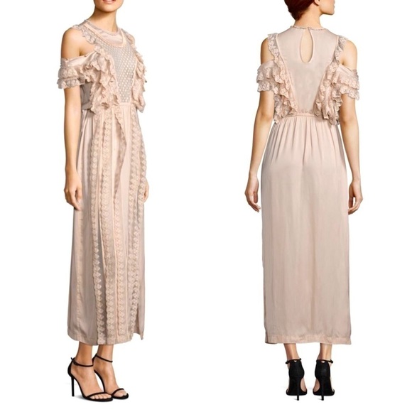 ALICE MCCALL 70s Satin Victorian Ruffle Pointelle Lace Cold Shoulder Maxi Gown 0 - Picture 5 of 8